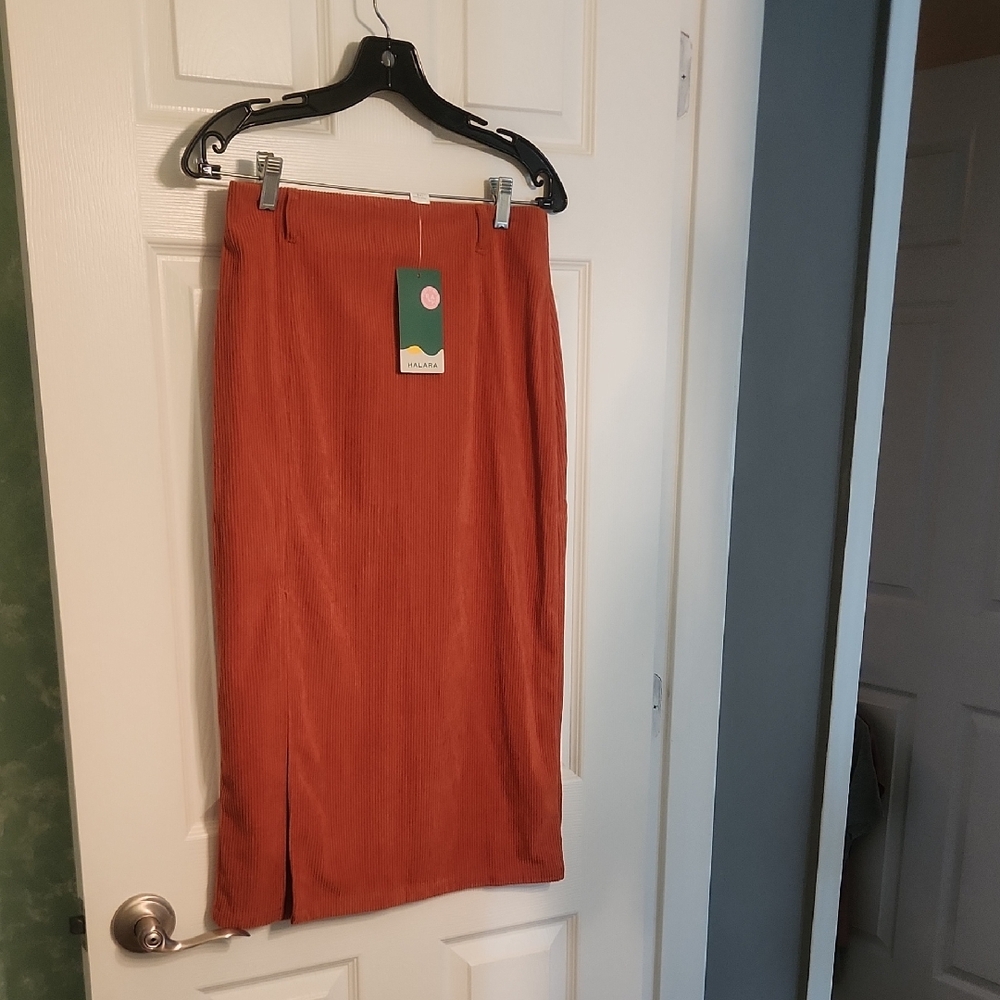 HALARA Orange Pencil Midi Skirt with Slit for Work